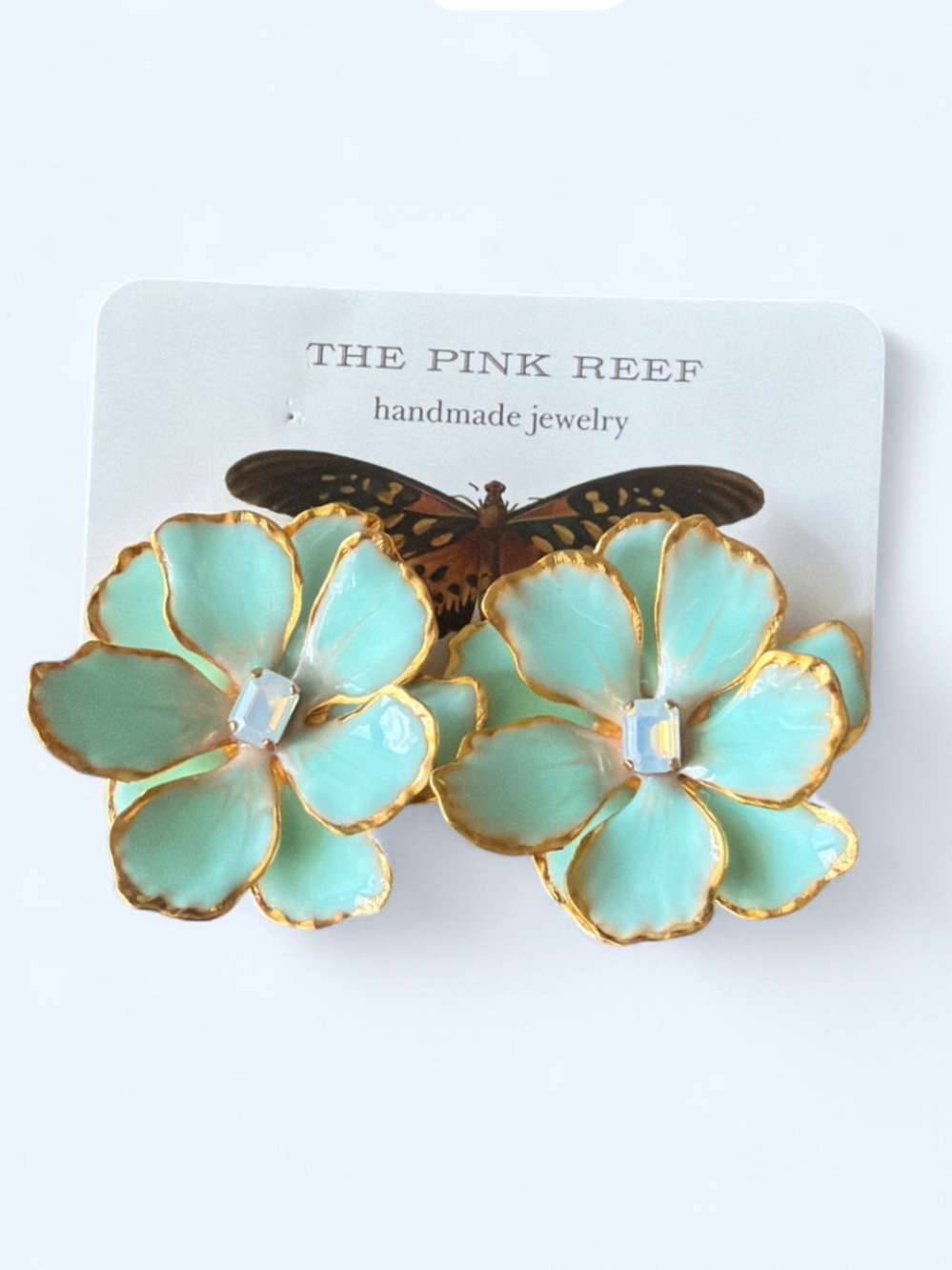 Anthropologie Mint Petal Floral Earrings with Crystal Centers The Pink Reef NEW